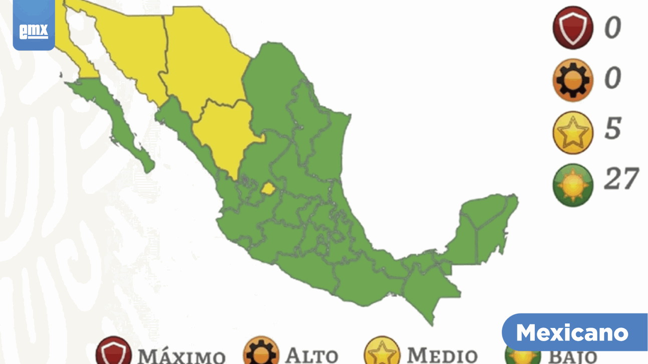 EMX-Semáforo COVID-19 en México: 27 estados estarán en color verde y cinco en amarillo