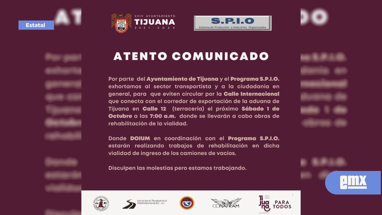 EMX-Cerrarán circulación en Calle Internacional y Calle 12 próximo sábado 1 de octubre a las 7:00 am
