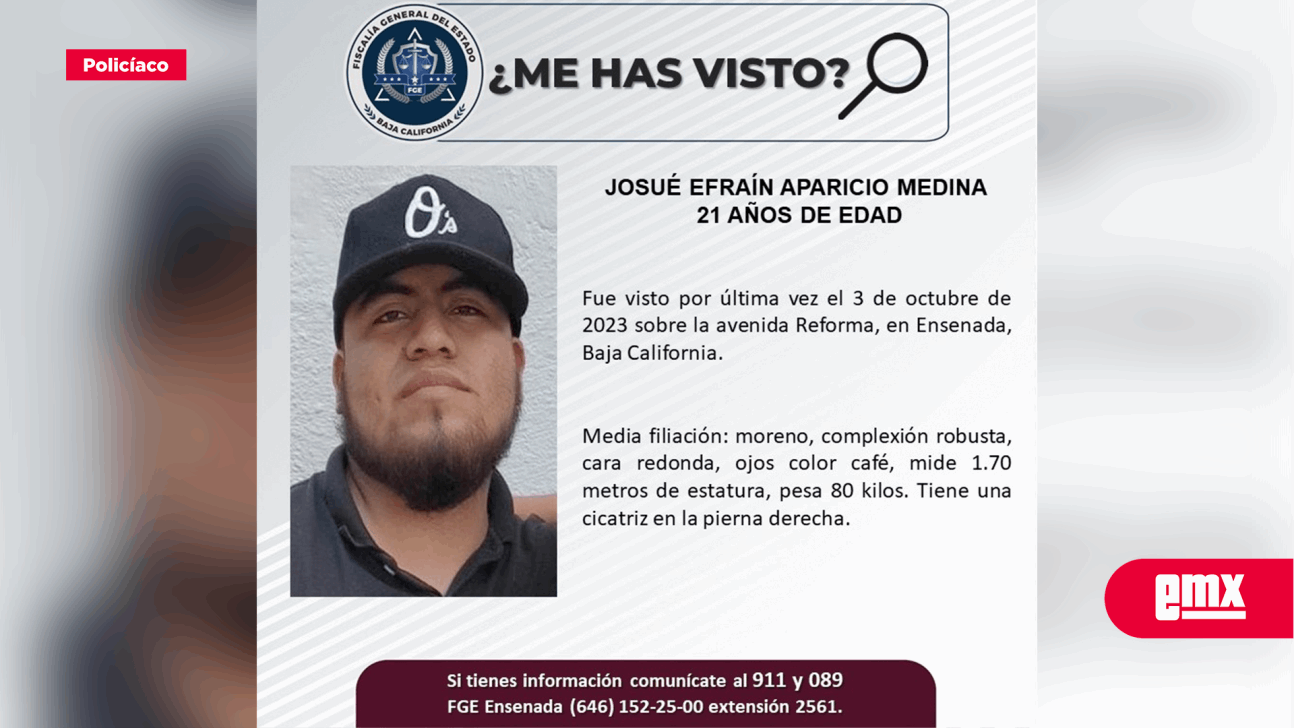 EMX-Piden la colaboración para localizar a Josué Efraín Aparicio Medina