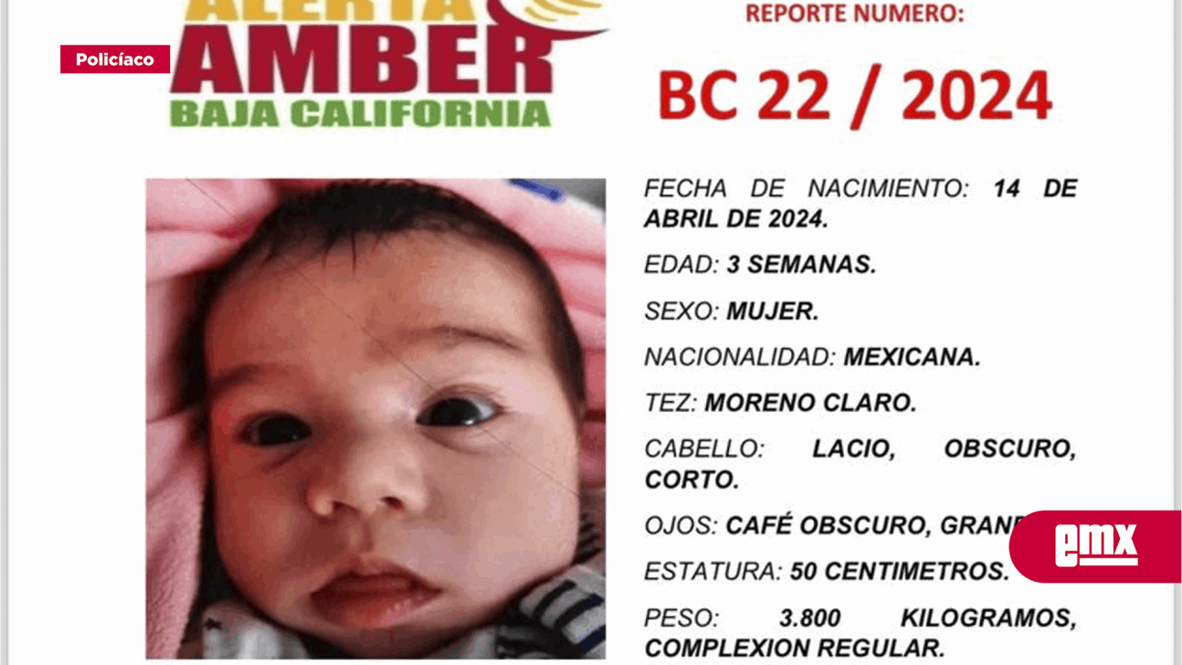 EMX-Activaron Alerta Amber BC para localizar a una bebé
