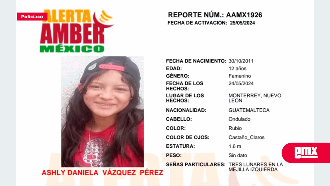 EMX-COLABORACIÓN: ALERTA AMBER, ASHLY DANIELA VÁZQUEZ PÉREZ, DE 12 AÑOS DE EDAD.