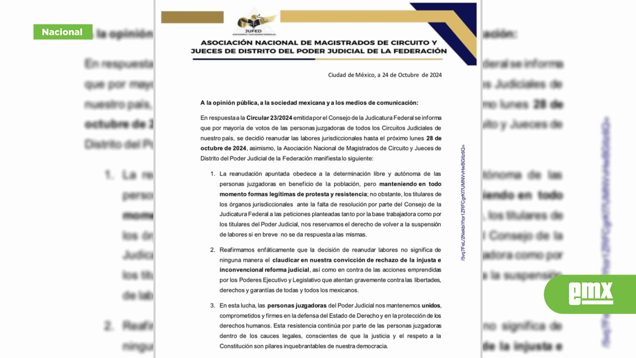 EMX-JUFED informa acatar la resolución del CJF de reanudar labores 