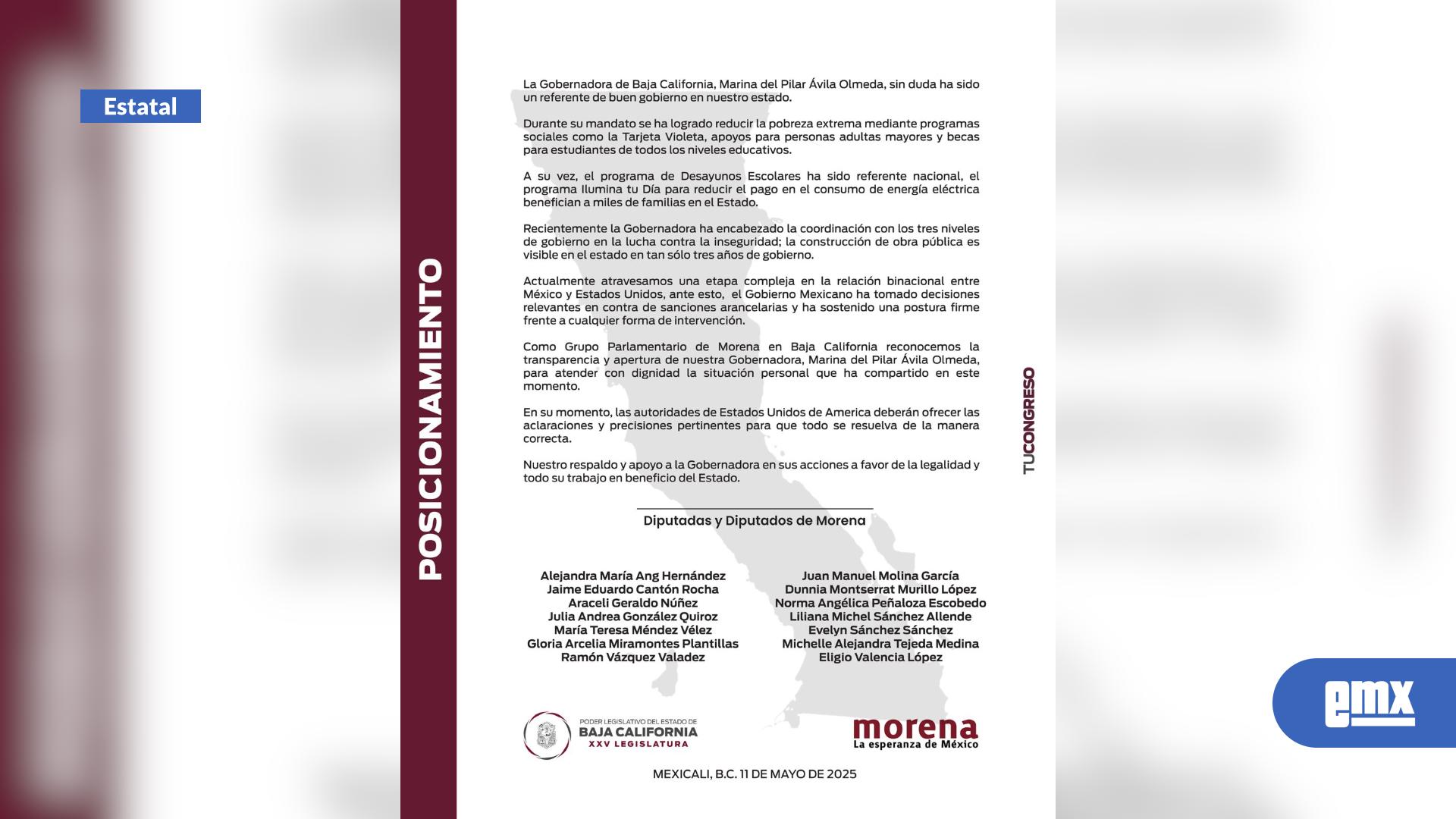EMX-Diputados de Morena respaldan a gobernadora tras revocación de visa estadounidense