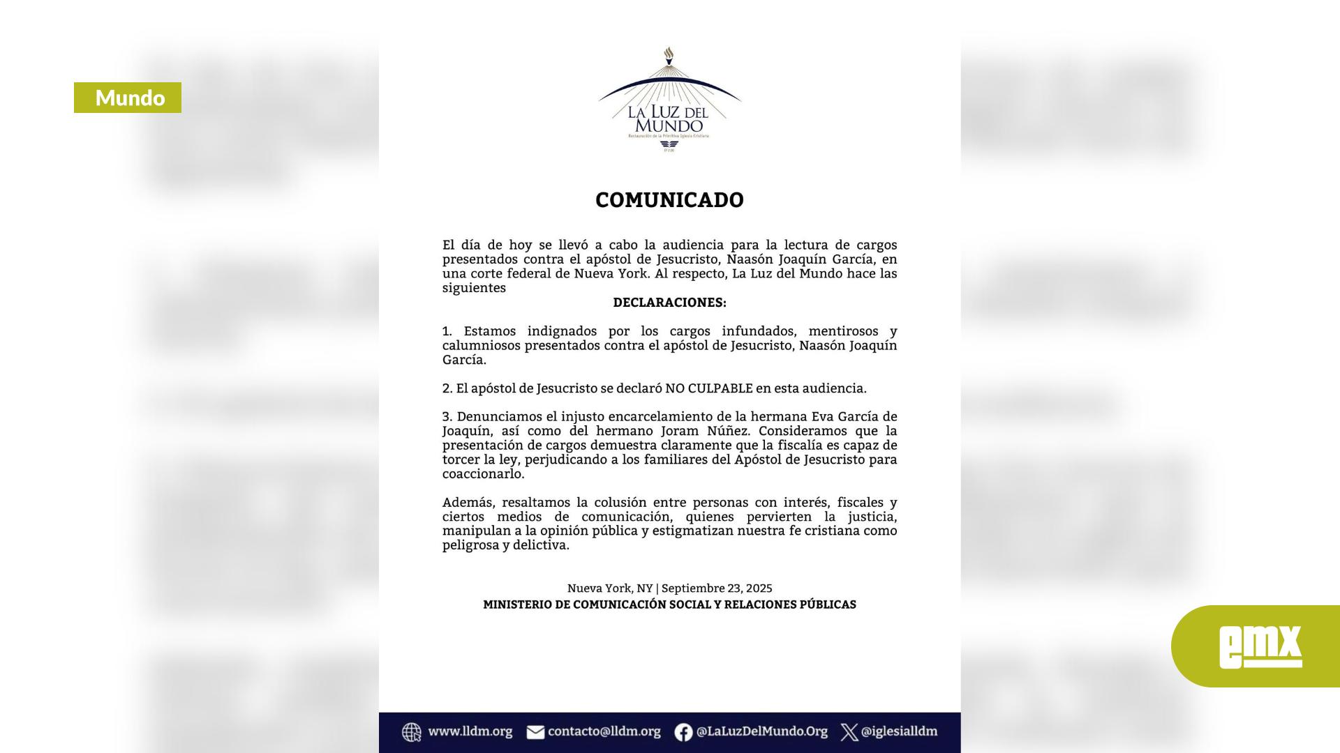 EMX-La Luz del Mundo rechaza nuevos cargos en EE.UU. y denuncia persecución religiosa