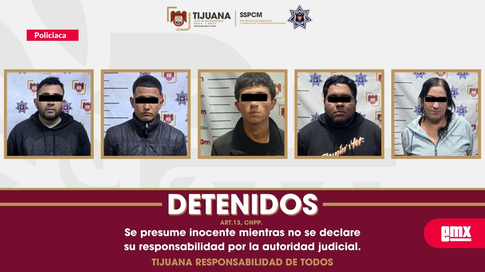 EMX- Aseguran tres pistolas y detienen a cinco personas en acciones en Tijuana