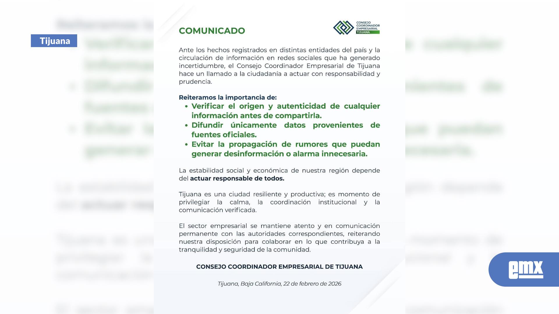 EMX-Llama CCE Tijuana a mantener la calma tras hechos violentos