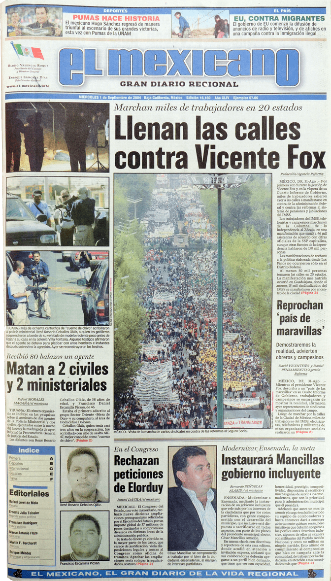 EMX-Una de las portadas del Gran Diario El Mexicano en el 2004.